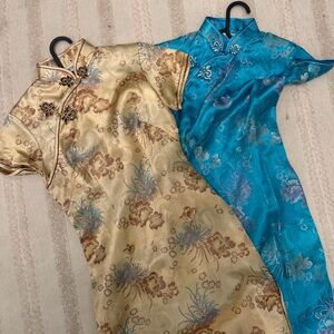 Elegant Gold and Blue Floral Cheongsams